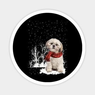 Christmas Shih Tzu With Scarf In Winter Forest Magnet